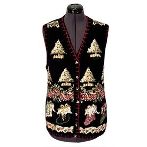 Vintage Y2K Tiara International Knit Beaded Christmas Holiday Vest, Size XL